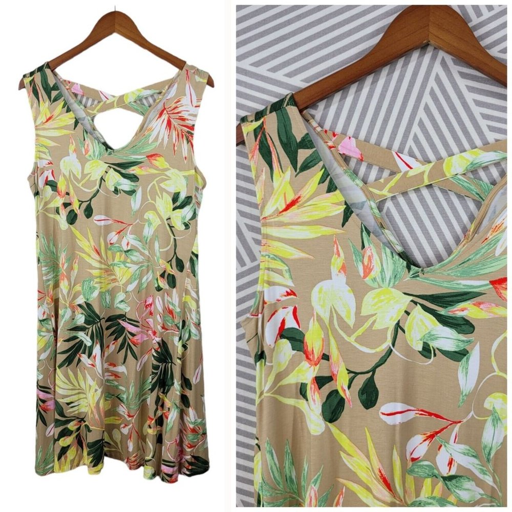 New Style & Co Dress size XL Sheath party Stretch Strappy Floral Tropical Tan